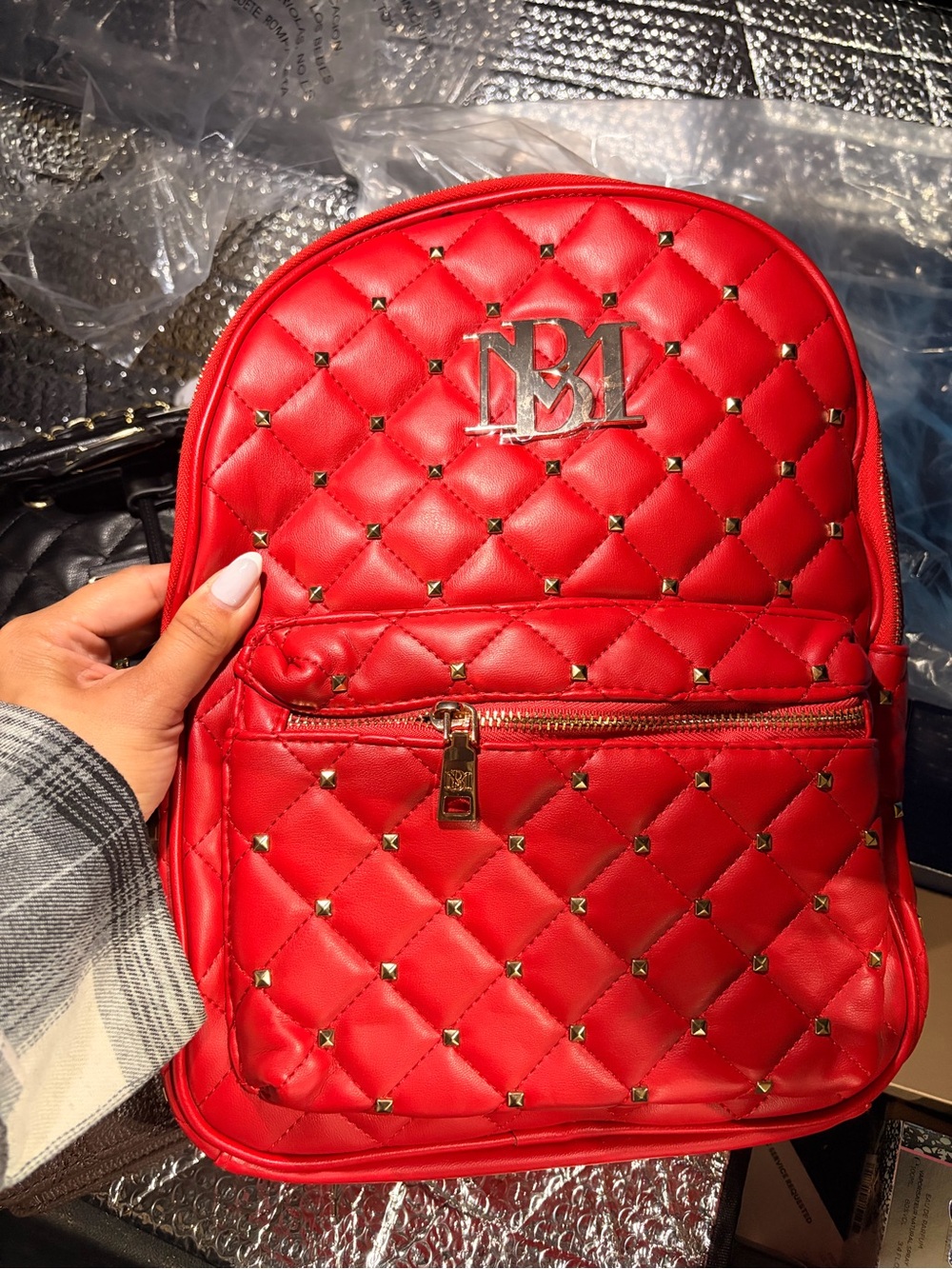 Badgley Mischka Red Quilted Stud Backpack with Gold Hardware